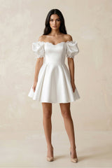 Satin Lace Off - the - Shoulder A - Line Wedding Dress in White - KissProm Wedding Dresses
