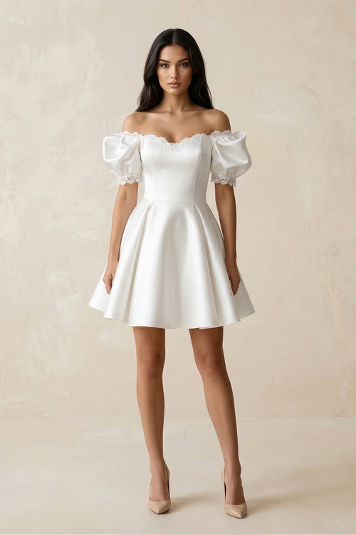 Satin Lace Off - the - Shoulder A - Line Wedding Dress in White - KissProm Wedding Dresses
