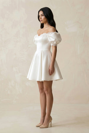 Satin Lace Off - the - Shoulder A - Line Wedding Dress in White - KissProm Wedding Dresses