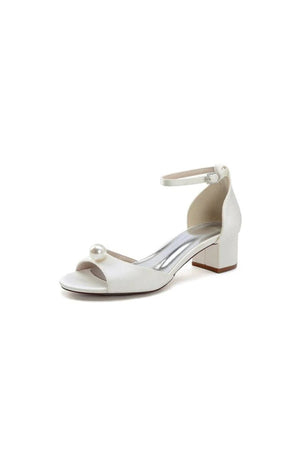 Satin Low - Heel Sandals with Pearl Accent and Ankle Strap - KissProm