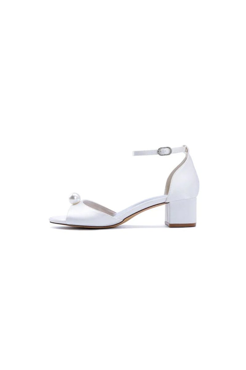 Satin Low - Heel Sandals with Pearl Accent and Ankle Strap - KissProm