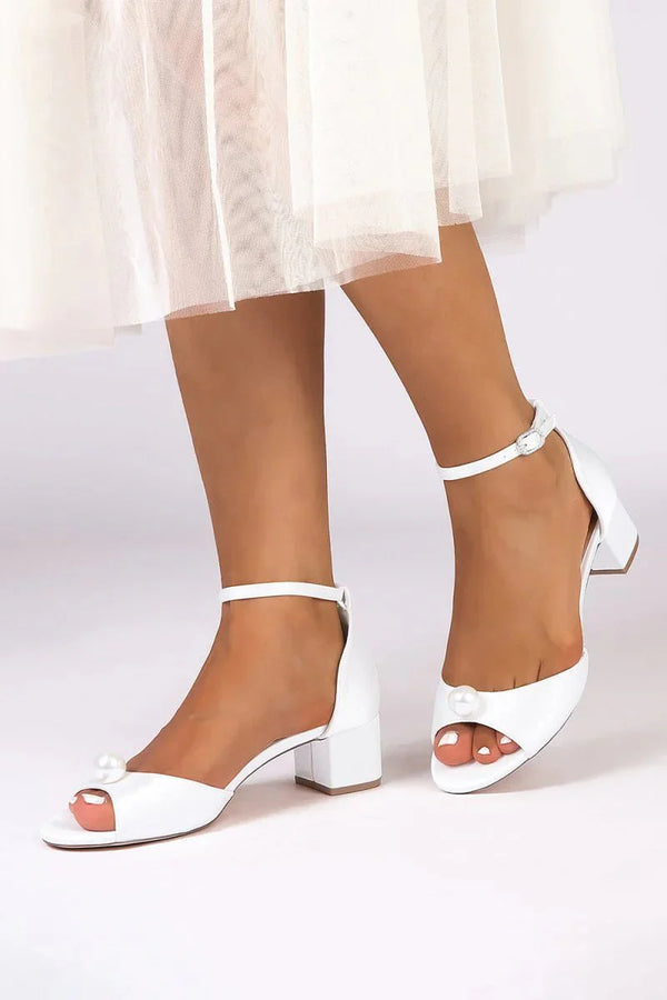 Satin Low - Heel Sandals with Pearl Accent and Ankle Strap - KissProm