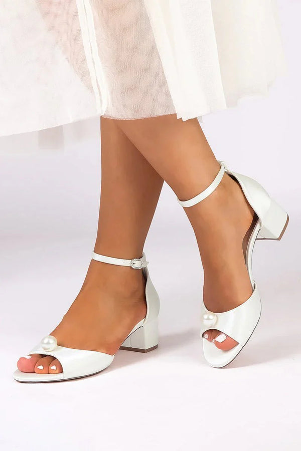 Satin Low - Heel Sandals with Pearl Accent and Ankle Strap - KissProm