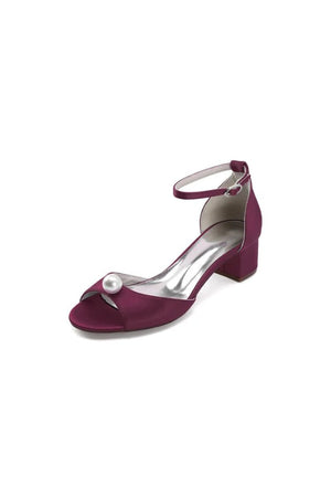 Satin Low - Heel Sandals with Pearl Accent and Ankle Strap - KissProm