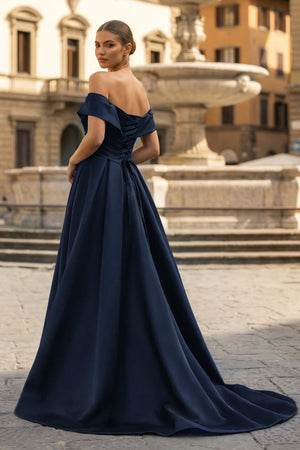 A-Line Prom Dresses Celebrity Style Dress Christmas Sleeveless Off The Shoulder Satin with Slit - KISSPROM PROM DRESSES
