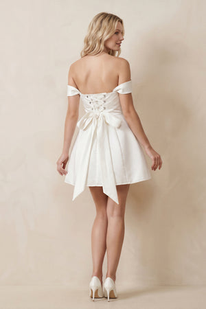 Satin Off - the - Shoulder A - Line Mini Wedding Dress in White - KissProm Wedding Dresses