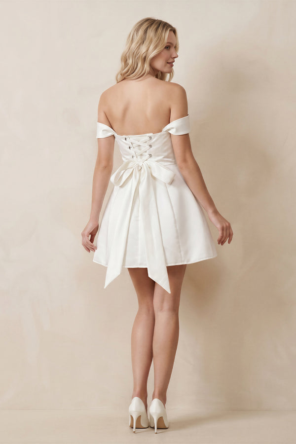 Satin Off - the - Shoulder A - Line Mini Wedding Dress in White - KissProm Wedding Dresses