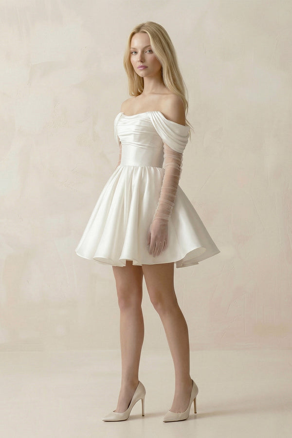 Satin Off - the - Shoulder A - Line Ruched Wedding Dress With Sleeves in White - KissProm Wedding Dresses