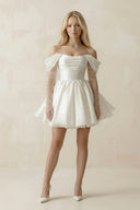 Satin Off - the - Shoulder A - Line Ruched Wedding Dress With Sleeves in White - KissProm Wedding Dresses