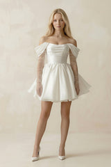 Satin Off - the - Shoulder A - Line Ruched Wedding Dress With Sleeves in White - KissProm Wedding Dresses
