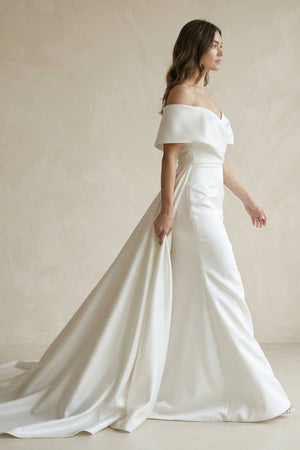 Satin Off - the - Shoulder Mermaid Weddding Dress With Cape Train in White - KissProm Wedding Dresses