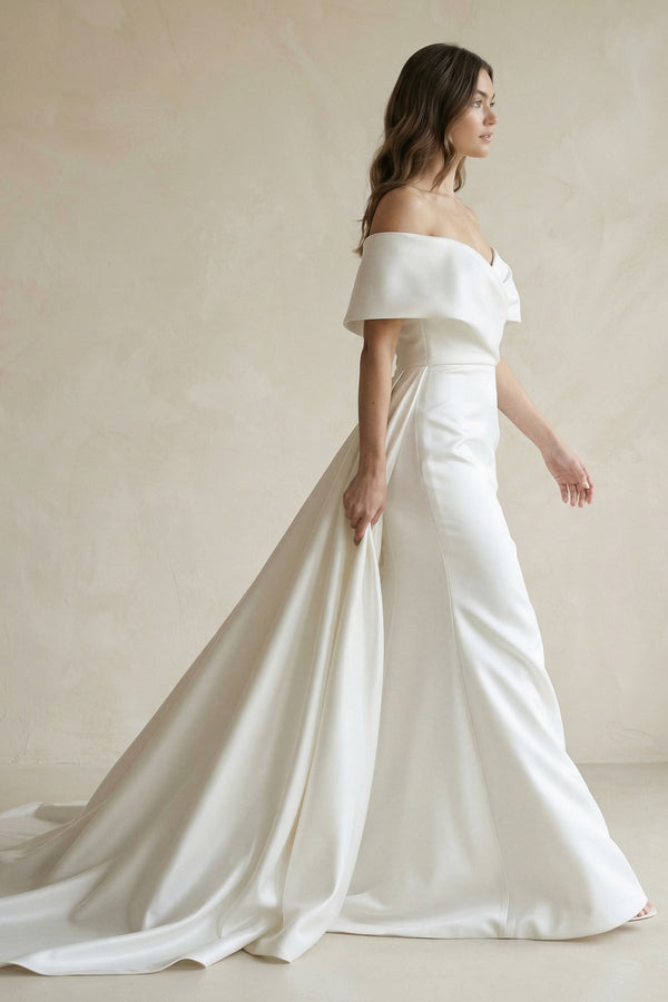 Satin Off - the - Shoulder Mermaid Weddding Dress With Cape Train in White - KissProm Wedding Dresses