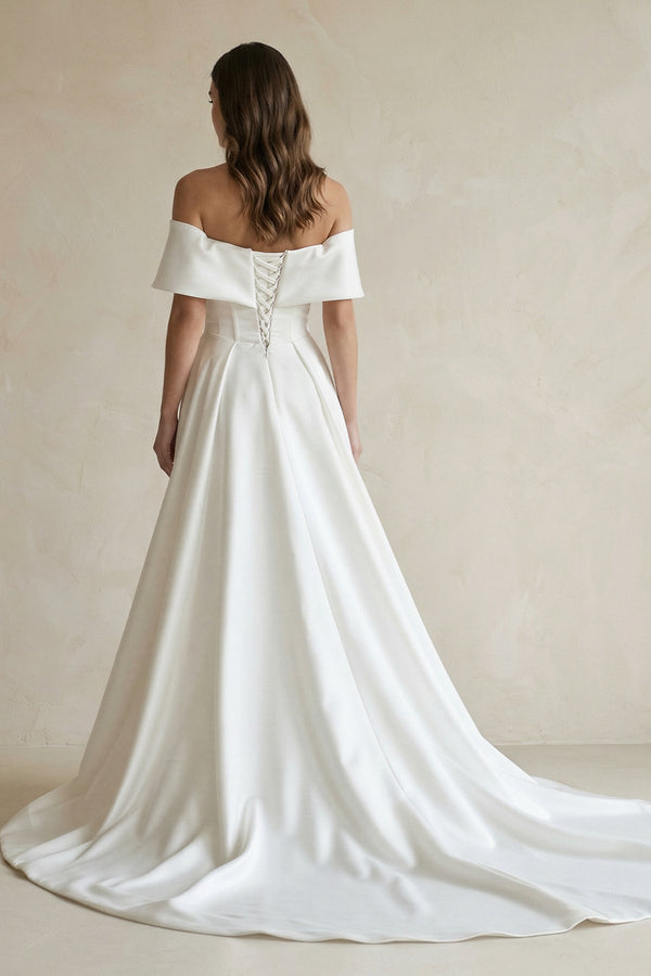 Satin Off - the - Shoulder Mermaid Weddding Dress With Cape Train in White - KissProm Wedding Dresses