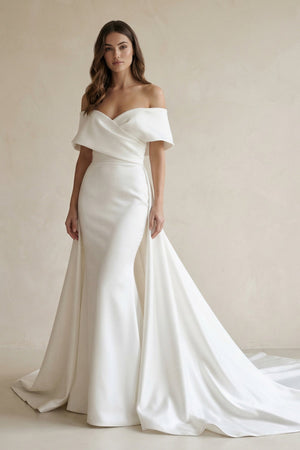 Satin Off - the - Shoulder Mermaid Weddding Dress With Cape Train in White - KissProm Wedding Dresses