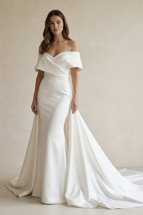 Satin Off - the - Shoulder Mermaid Weddding Dress With Cape Train in White - KissProm Wedding Dresses