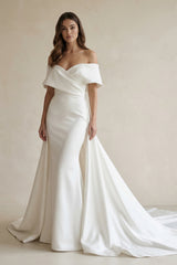Gorgeous  Mermaid Off the Shoulder White Satin Wedding Dresses – Wedding Dresses by KissProm | Available at KissProm