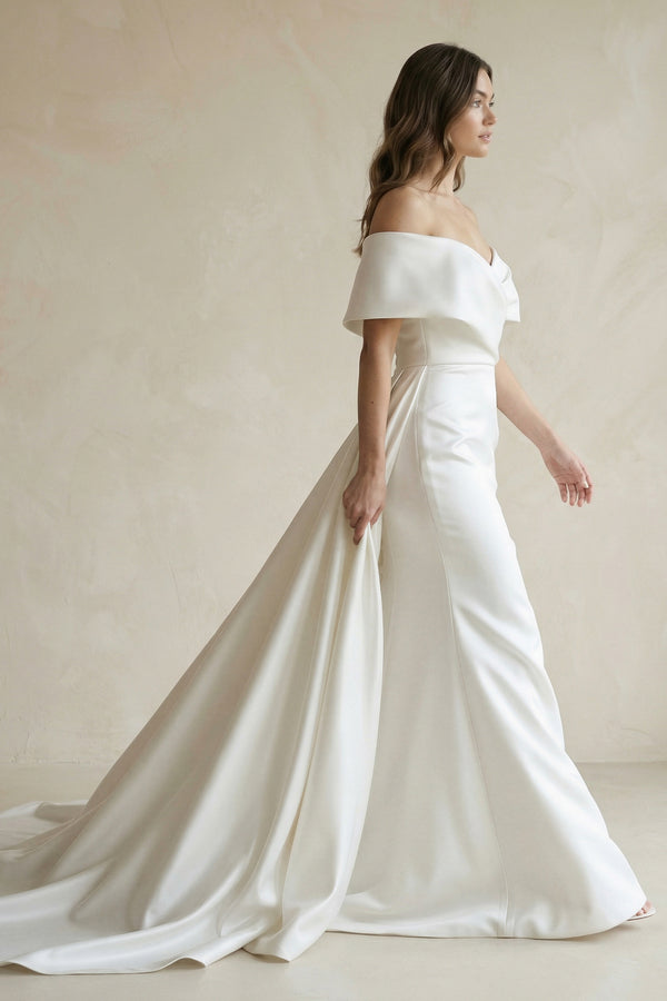 Gorgeous  Mermaid Off the Shoulder White Satin Wedding Dresses – Wedding Dresses by KissProm | Available at KissProm