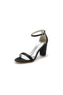 Satin Open Toe Ankle Strap Chunky Heels - KissProm