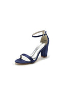 Satin Open Toe Ankle Strap Chunky Heels - KissProm
