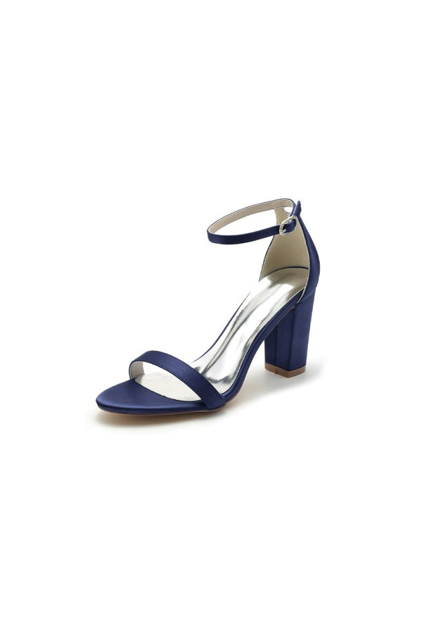 Satin Open Toe Ankle Strap Chunky Heels - KissProm