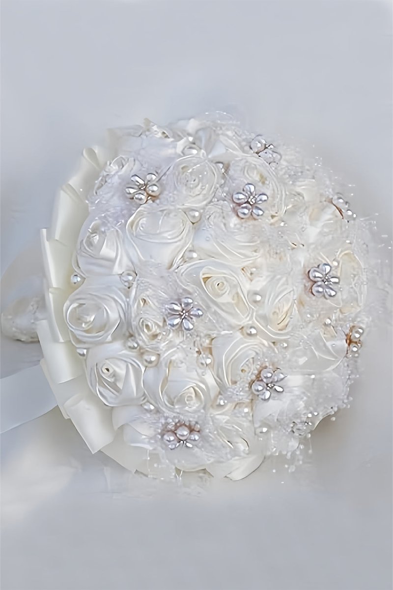 Satin Pearl Ribbon Cascade Wedding Flower Bouquets - KissProm