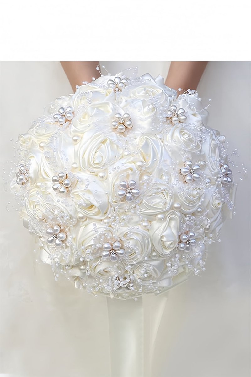 Satin Pearl Ribbon Cascade Wedding Flower Bouquets - KissProm