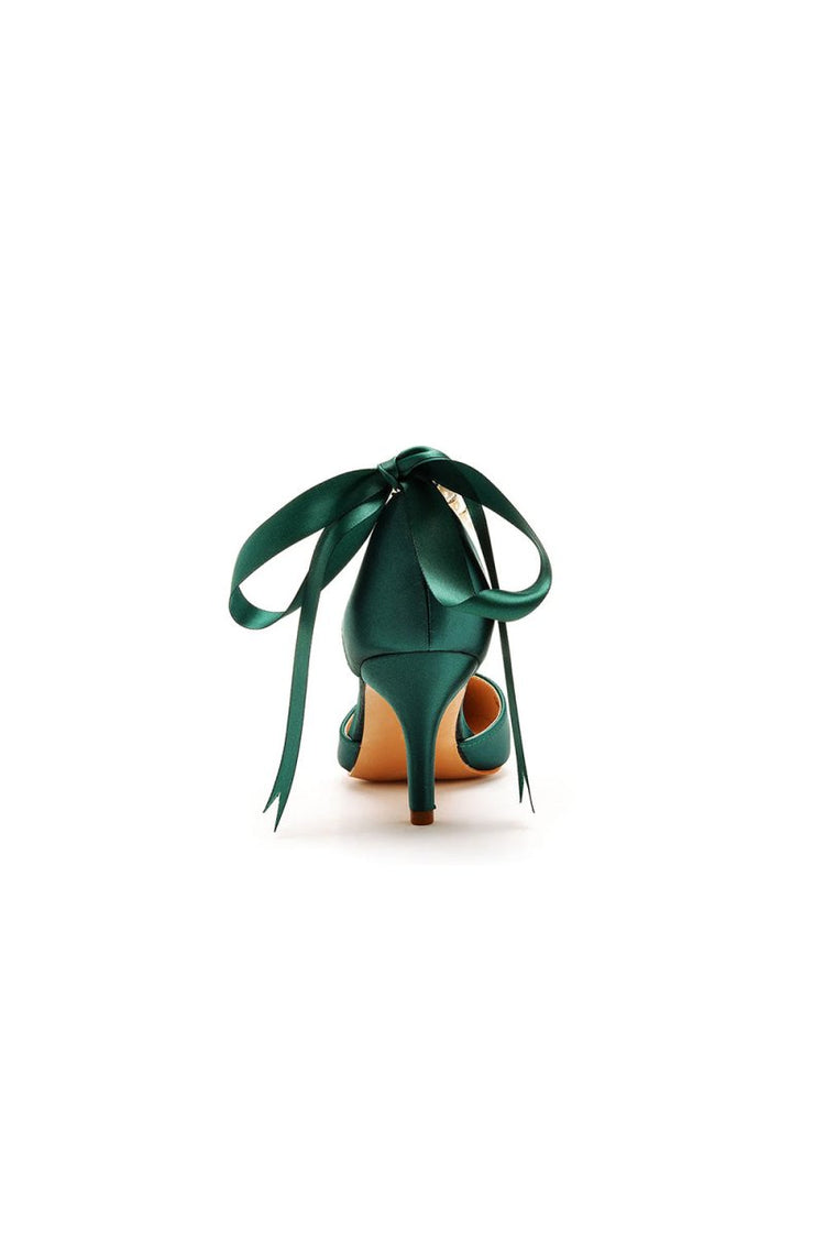 Pointed Toe Satin Pearl Ribbon Tie Ankle Strap High Heels