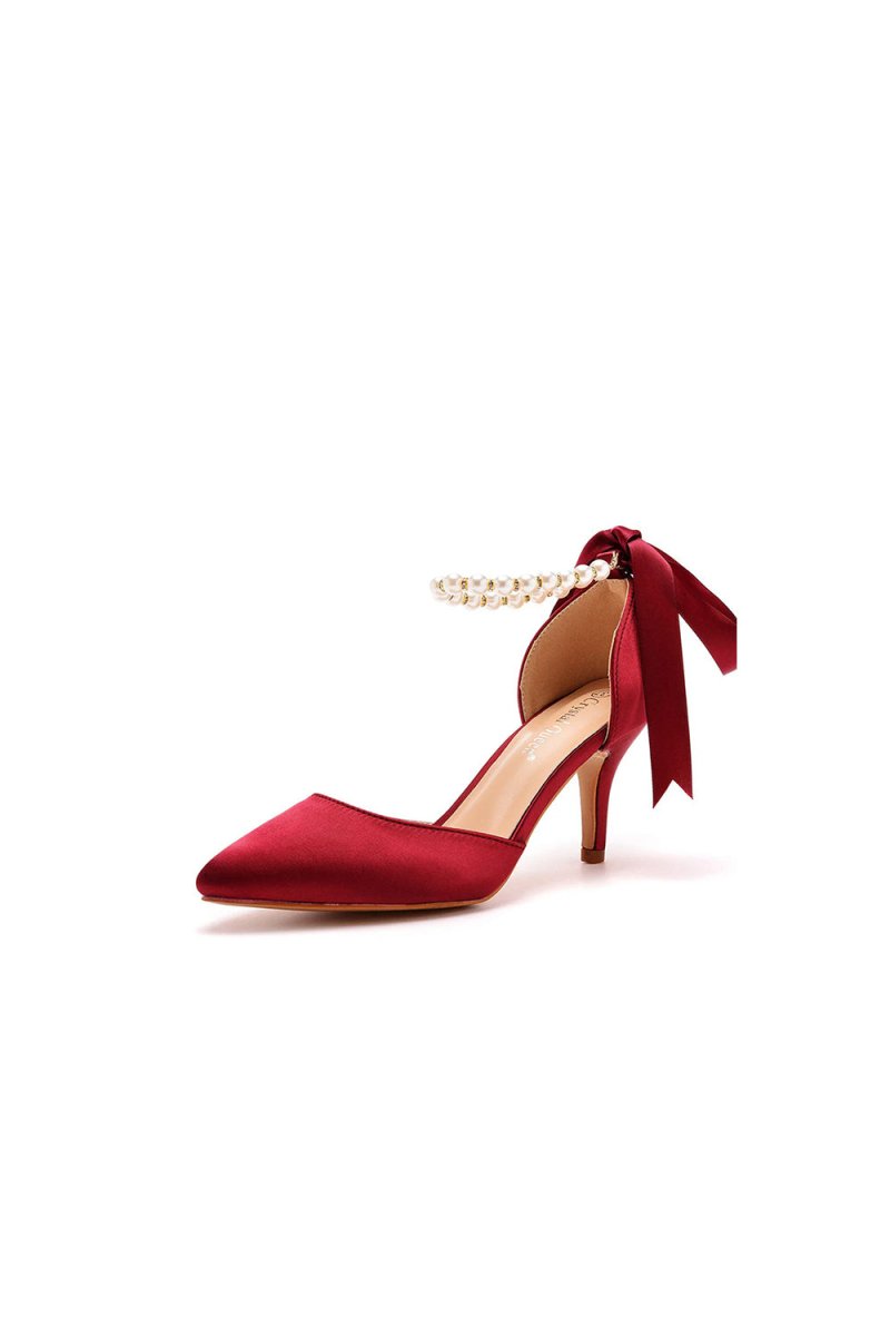 High Heels Ribbon Satin Pearl Ribbon Tie Pointed Toe Ankle Strap High Heels