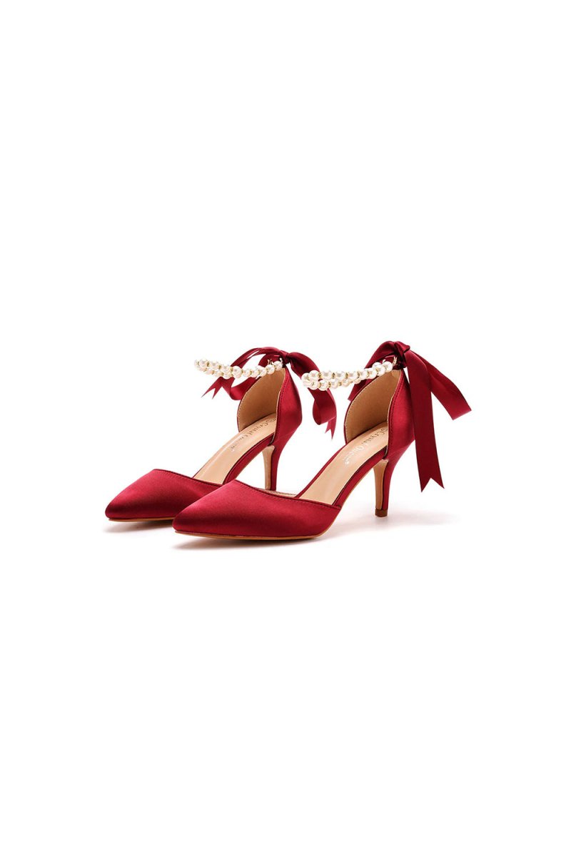 High Heels Ribbon Satin Pearl Ribbon Tie Pointed Toe Ankle Strap High Heels