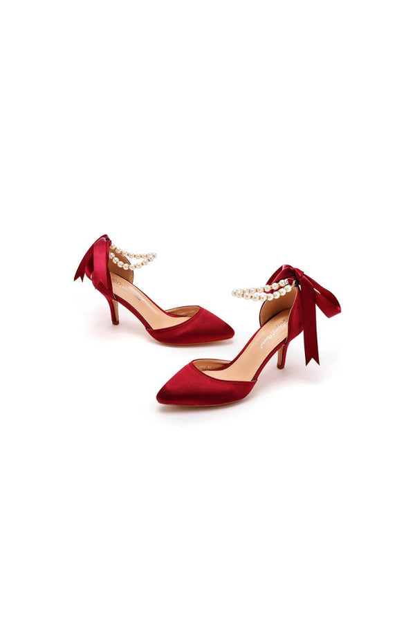 High Heels Ribbon Satin Pearl Ribbon Tie Pointed Toe Ankle Strap High Heels