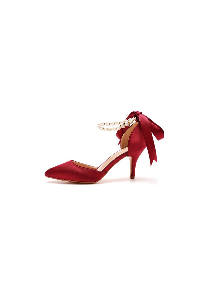 High Heels Ribbon Satin Pearl Ribbon Tie Pointed Toe Ankle Strap High Heels