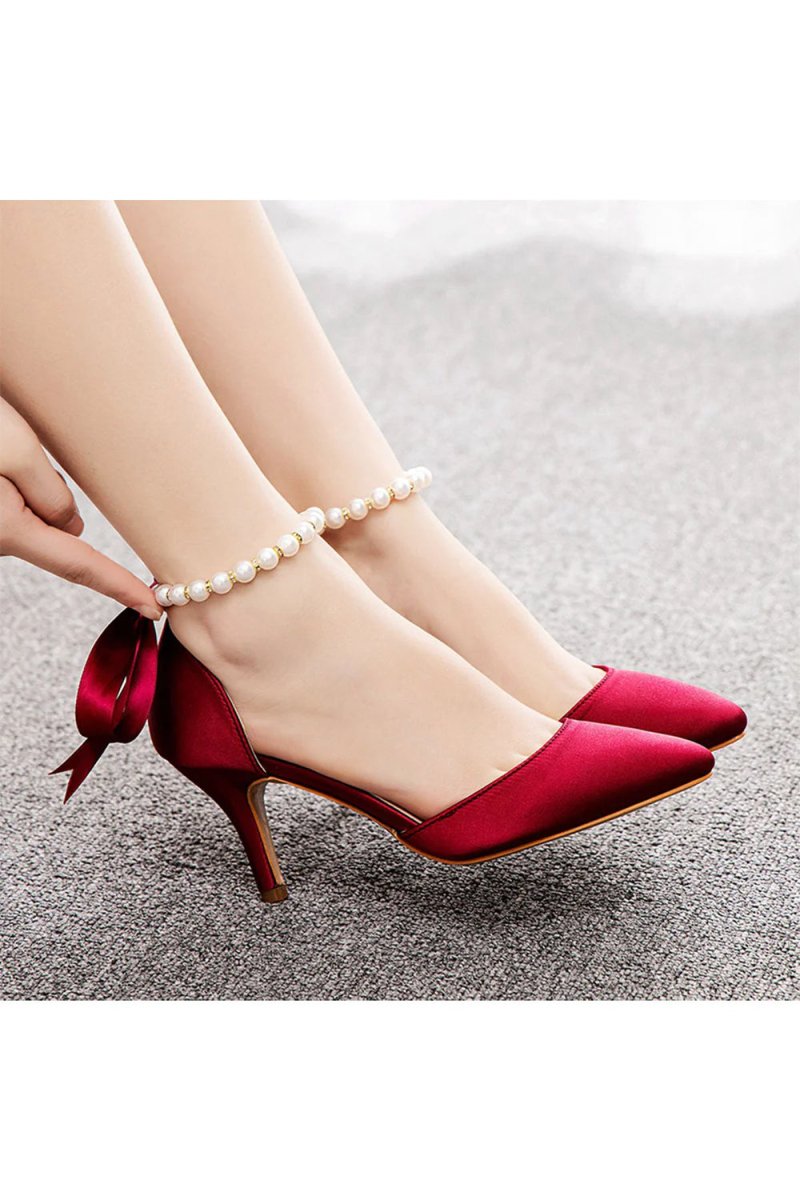 High Heels Ribbon Satin Pearl Ribbon Tie Pointed Toe Ankle Strap High Heels