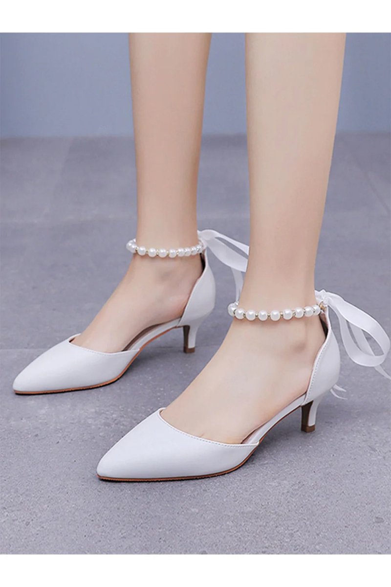 High Heels Ribbon Satin Pearl Ribbon Tie Pointed Toe Ankle Strap High Heels