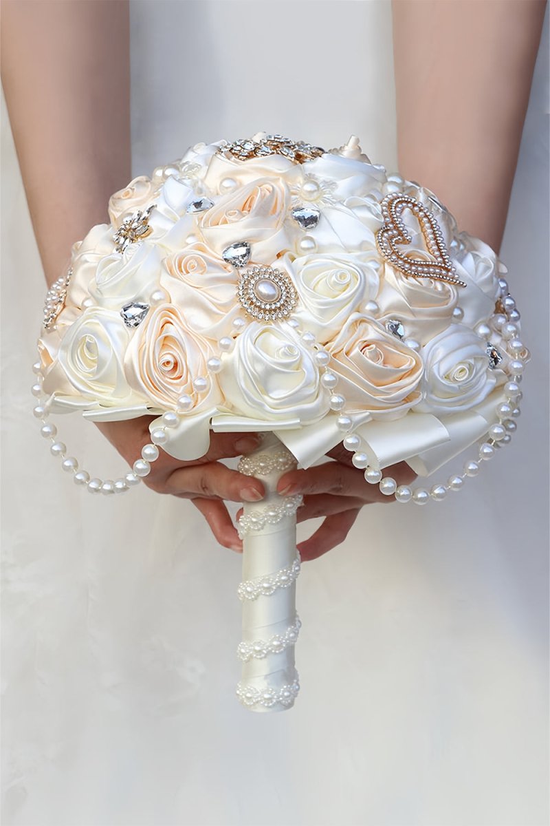 Satin Pearl String Cascade Wedding Flower Bouquets with Rhinestone - KissProm