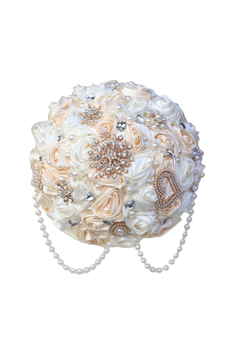 Satin Pearl String Cascade Wedding Flower Bouquets with Rhinestone - KissProm