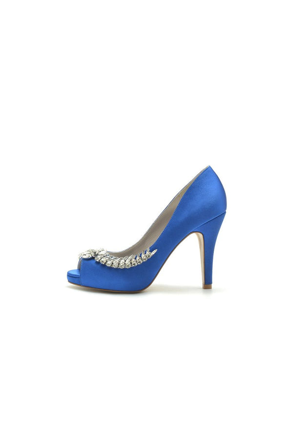 Satin Peep Toe Slip - on Rhinestone High Heels - KissProm