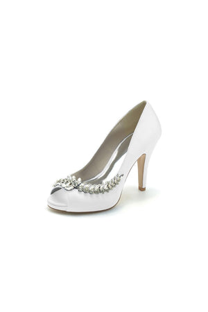 Satin Peep Toe Slip - on Rhinestone High Heels - KissProm