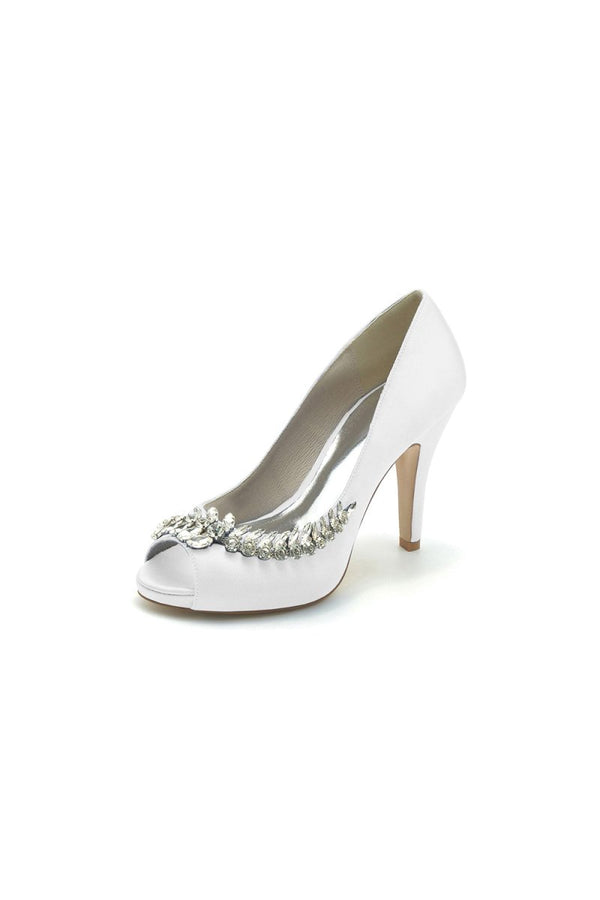 Satin Peep Toe Slip - on Rhinestone High Heels - KissProm