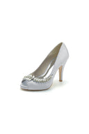 Satin Peep Toe Slip - on Rhinestone High Heels - KissProm