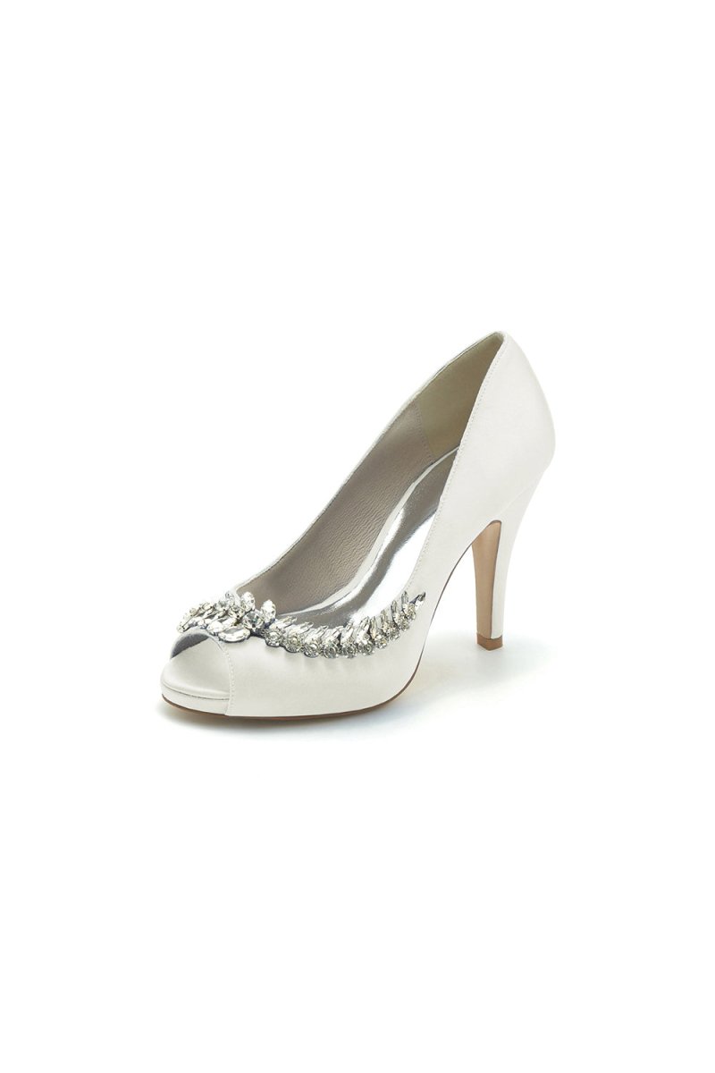Satin Peep Toe Slip - on Rhinestone High Heels - KissProm