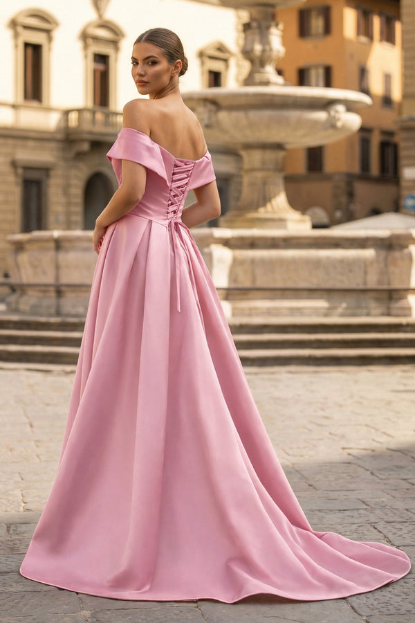 A-Line Prom Dresses Celebrity Style Dress Christmas Sleeveless Off The Shoulder Satin with Slit - KISSPROM PROM DRESSES