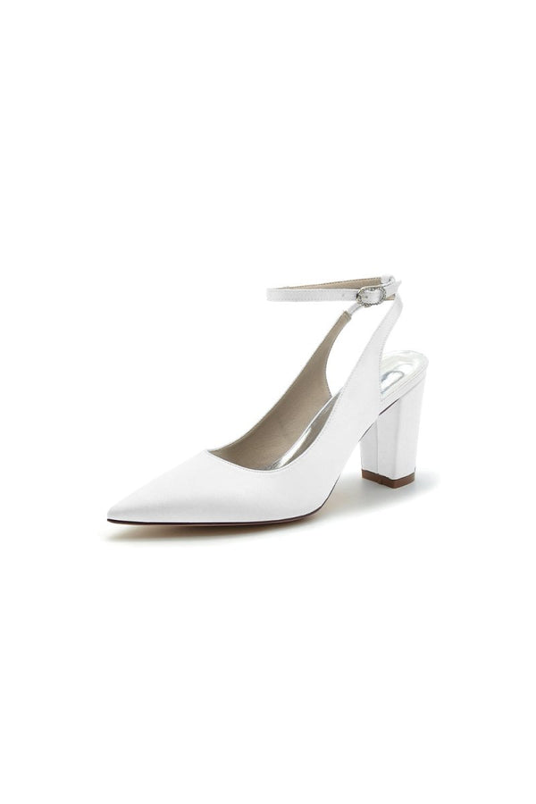 Satin Pointed Toe Ankle Strap Chunky Heels - KissProm