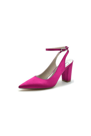 Satin Pointed Toe Ankle Strap Chunky Heels - KissProm