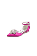 Satin Pointed Toe Ankle Strap Rhinestone Kitten Heels - KissProm