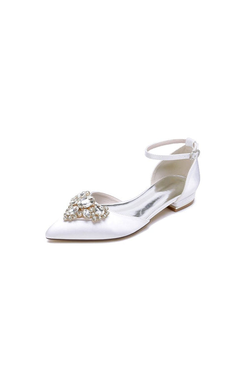 Satin Pointed Toe Ankle Strap Rhinestone Kitten Heels - KissProm