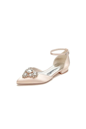 Satin Pointed Toe Ankle Strap Rhinestone Kitten Heels - KissProm