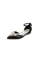 Satin Pointed Toe Ankle Strap Rhinestone Kitten Heels - KissProm