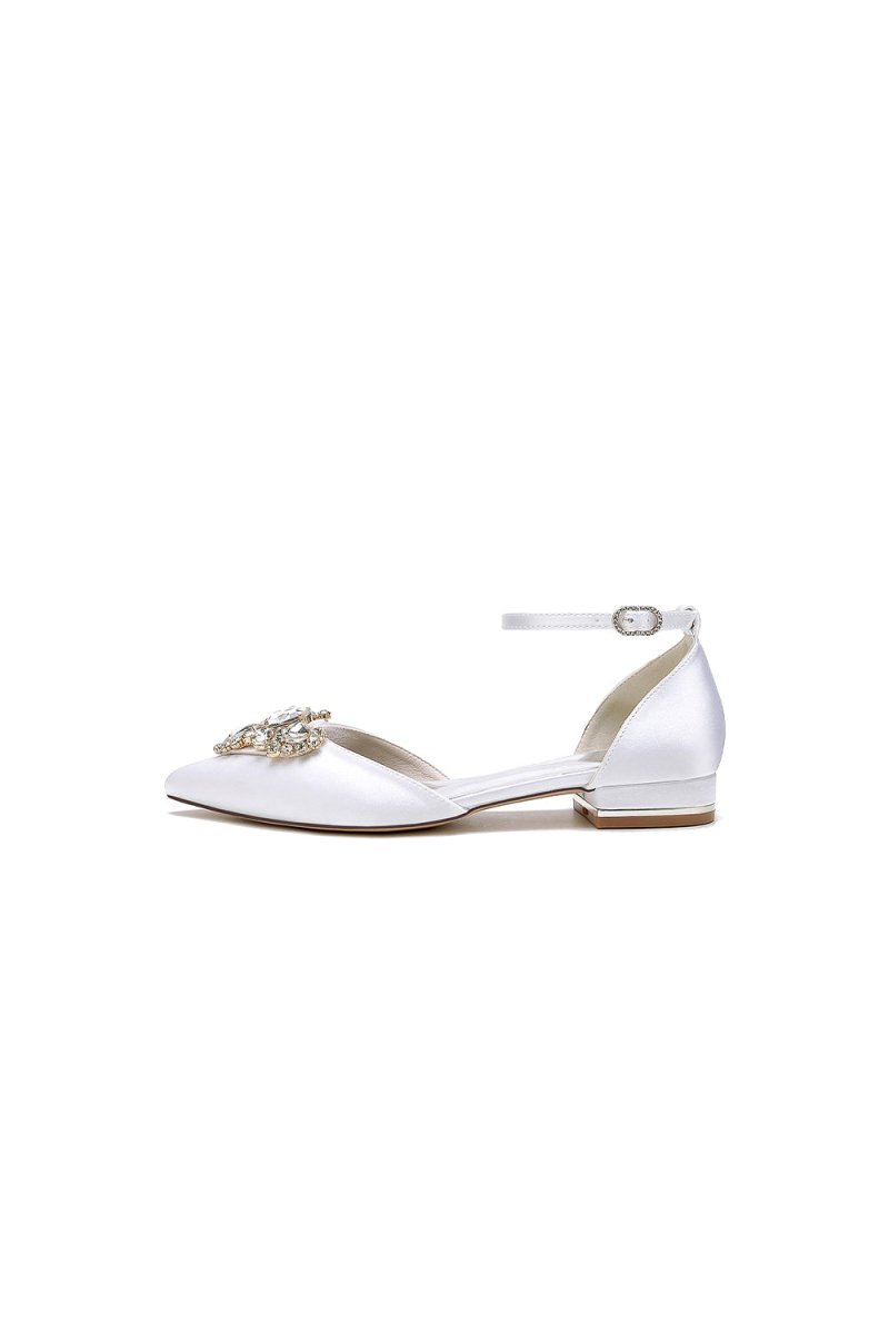 Satin Pointed Toe Ankle Strap Rhinestone Kitten Heels - KissProm