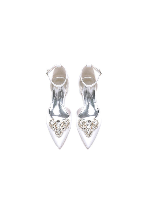 Satin Pointed Toe Ankle Strap Rhinestone Kitten Heels - KissProm