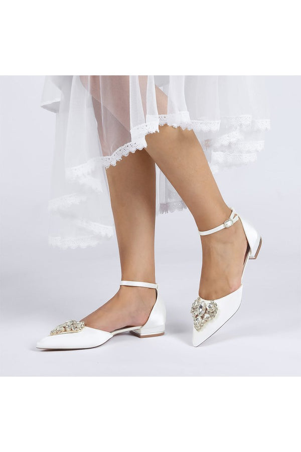 Satin Pointed Toe Ankle Strap Rhinestone Kitten Heels - KissProm